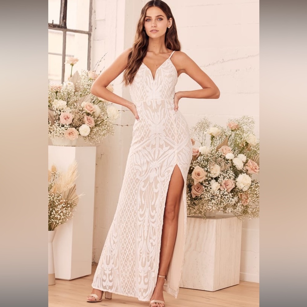 Lulu’s Destined for Romance Beige and White Sequin Maxi Dress